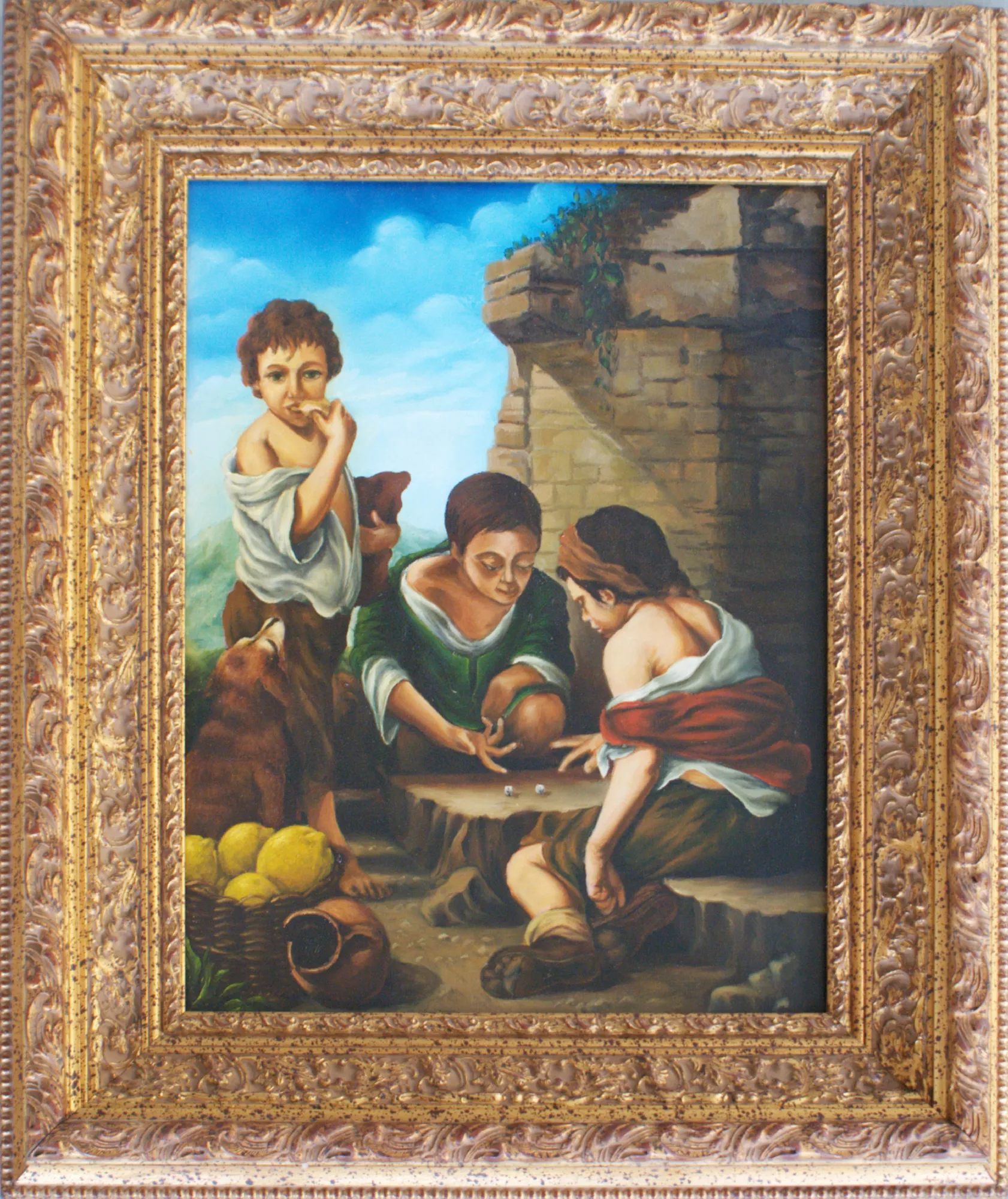 Young-boys-playing-dice-Aly-Mohsen "Painting by Aly Mohsen, executed in Oil on canvas (brush). The title is Young boys playing dice and it belongs to the category Once Upon a Time. In Young Boys Playing Dice, Aly Mohsen produces a painterly copy of the homonymous work by Bartolomé Esteban Murillo, engaging with one of the most emblematic subjects of Spanish Baroque genre painting devoted to popular childhood and everyday life. The scene depicts a group of children absorbed in a game of dice, captured in a moment of shared concentration and play. The composition is centered on the act of play, which serves as the narrative focal point guiding the viewer’s gaze toward the core of the scene. The figures are arranged with naturalness and subtle dynamism, while the soft, diffused light characteristic of Murillo models faces and hands without harsh contrasts, conveying depth and emotional credibility. The warm, earthy palette, enriched by luminous accents in clothing and surrounding elements, helps establish an atmosphere of authentic daily life, in which play becomes a symbolic expression of childhood vitality within a humble yet dignified social context. Through this declared copy, Aly Mohsen demonstrates solid technical command in anatomical rendering, the handling of chiaroscuro, and narrative construction, positioning the work as a rigorous and historically informed study of Spanish Baroque painting. The painting is completed by a wide, richly decorated classical gilded frame, which reinforces its historical and museum-oriented character and creates a coherent dialogue between formal refinement and the simplicity of the subject matter."