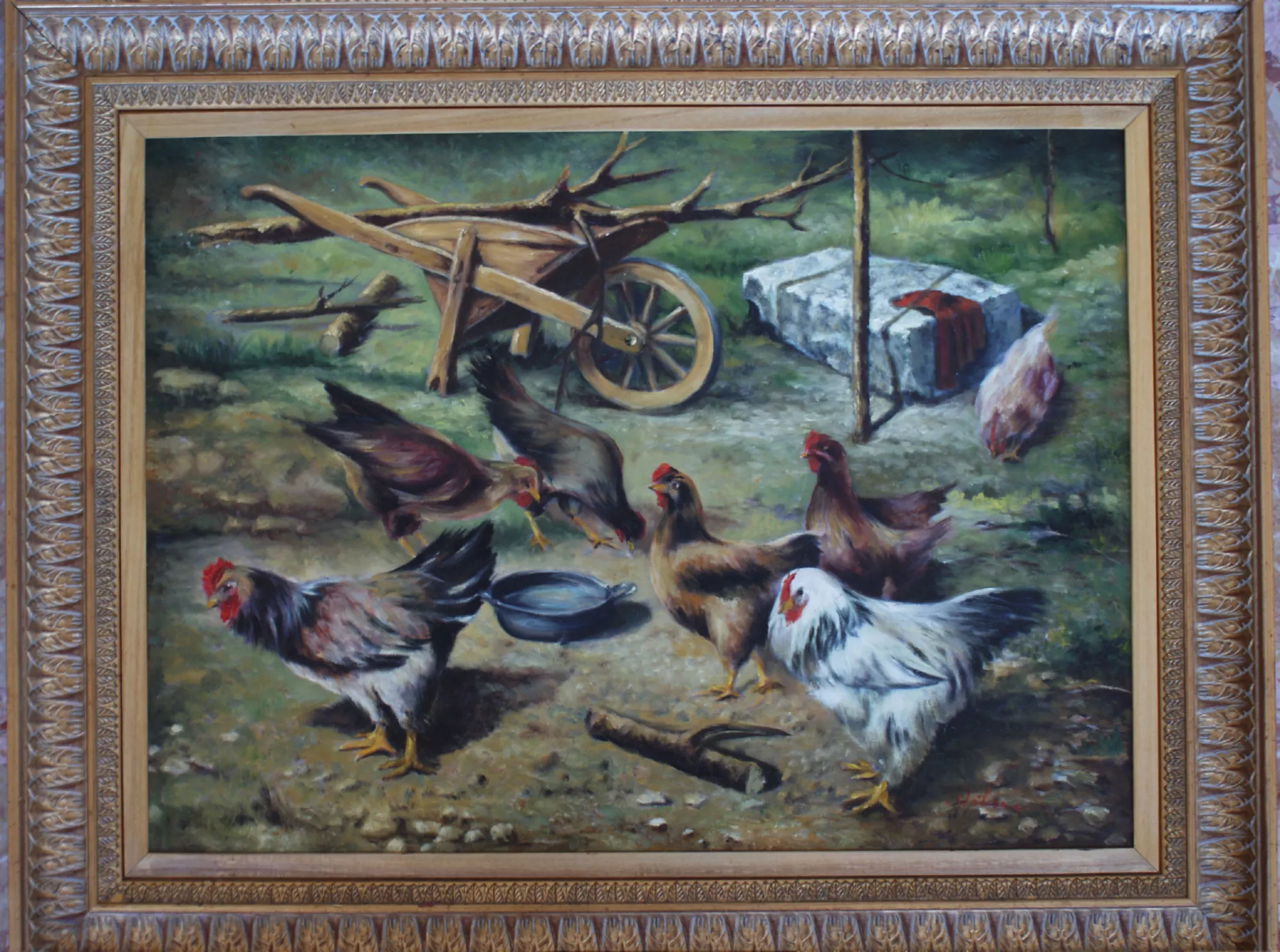 Hens-in-the-courtyard-Aly-Mohsen "Painting by Aly Mohsen, executed in Oil on canvas (brush). The title is Hens in the courtyard and it belongs to the category Once Upon a Time. In Hens in the Courtyard, Aly Mohsen transforms an apparently simple rural scene into a balanced and timeless pictorial narrative, grounded in careful observation of nature and everyday life. A group of chickens, captured in motion, animates the composition with natural rhythm, creating an authentic scene free of artifice. The composition is solid and well structured: the cart, branches, stone elements, and agricultural tools define the space and reinforce the realism of the setting. Confident, textured brushwork effectively renders feathers, earth, and light, revealing strong technical mastery and mature painterly sensitivity. The work engages in dialogue with the European figurative tradition and genre painting, reinterpreted through a contemporary and measured vision. The universal character of the subject enhances its narrative clarity and visual immediacy. The painting is completed by a wide, finely crafted gilded frame, which emphasizes its museum-quality character and enhances its exhibition presence."