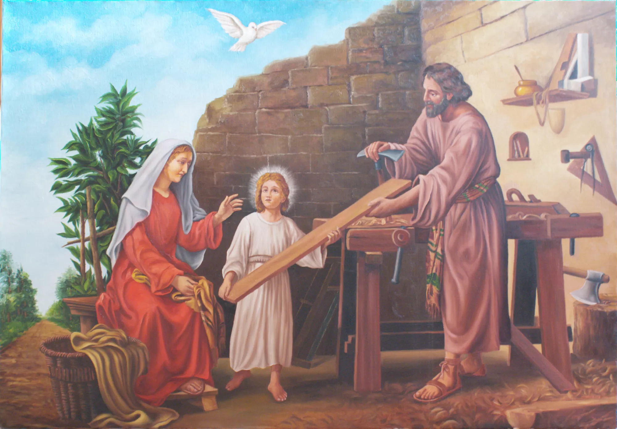 San-Giuseppe-falegname-Aly-Mohsen "Quadro di Ay Mohsen realizzato ad Olio con pennello. Il titolo è San Giuseppe falegname e rientra nella categoria Arte Sacra. Con San Giuseppe falegname Aly Mohsen affronta uno dei temi più alti e complessi della tradizione iconografica cristiana, restituendolo attraverso una narrazione figurativa equilibrata, di forte impatto simbolico e profonda umanità. L’opera propone una visione intima e monumentale insieme, in cui il sacro si manifesta nella dimensione quotidiana del lavoro, della famiglia e dell’educazione. Al centro della composizione, il giovane Gesù partecipa all’attività del padre, reggendo una tavola di legno appena lavorata. Il gesto semplice del lavoro condiviso assume valore simbolico, evocando la trasmissione del sapere, la formazione morale e la preparazione al destino futuro. La figura della Madonna, posta lateralmente, introduce una dimensione di protezione e ascolto: il suo atteggiamento raccolto e vigile contribuisce all’equilibrio affettivo e spirituale della scena. San Giuseppe è rappresentato come uomo del lavoro, solido e concentrato, privo di idealizzazioni retoriche. Gli strumenti del mestiere, il banco, il legno grezzo e le superfici murarie definiscono un ambiente credibile e concreto, in cui il lavoro manuale assume un significato etico e sacrale. La colomba, collocata nello spazio superiore, richiama con discrezione la presenza divina, senza interrompere la naturalezza narrativa dell’insieme. La composizione è ampia e rigorosa, costruita su un equilibrio triangolare che garantisce stabilità visiva e profondità simbolica. La luce diffusa modella le figure con dolcezza, mentre la tavolozza, dominata da ocra, bruni caldi, azzurri e rossi attenuati, contribuisce a creare un’atmosfera di armonia e tempo sospeso. La pittura figurativa di Aly Mohsen si distingue per la precisione anatomica, la cura dei dettagli e la resa materica del legno e dei tessuti, elementi che conferiscono all’opera una forte presenza visiva e una leggibilità efficace anche a distanza. xxx Opera figurativa originale di Aly Mohsen, San Giuseppe falegname si inserisce nel ciclo dedicato alla pittura religiosa e narrativa, riletta con sensibilità contemporanea e solida impostazione tecnica."
