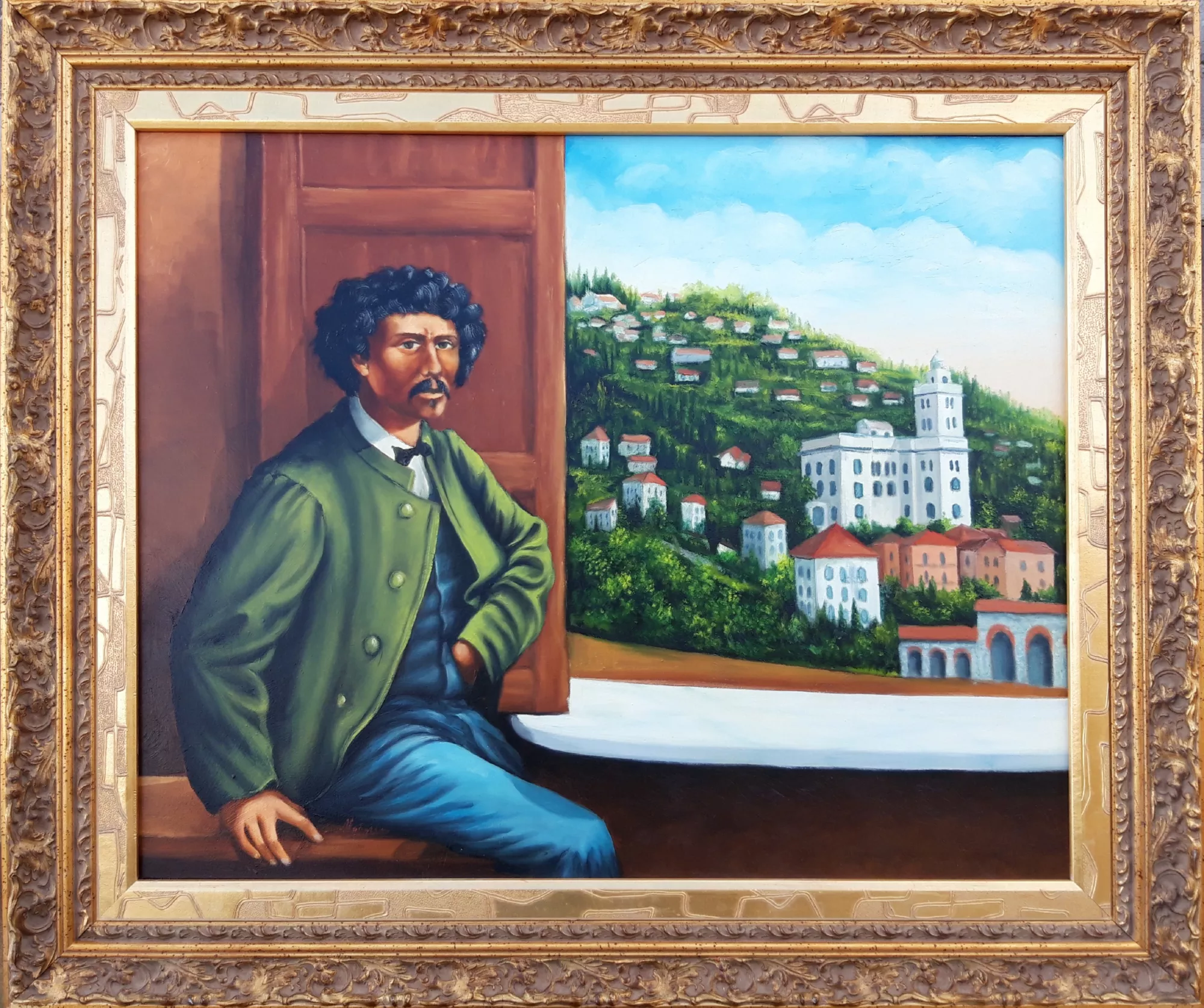Charles-Garnier-and-Bordighera-Aly-Mohsen "Painting by Aly Mohsen, executed in Oil on canvas (brush). The title is Charles Garnier and Bordighera and it belongs to the category Landscapes. In Charles Garnier and Bordighera, Aly Mohsen creates a portrait of strong narrative and symbolic balance, in which the figure of the architect enters into dialogue with the landscape that profoundly shaped his life and cultural identity. Garnier is depicted seated in the foreground, captured in a moment of quiet reflection within a warm and intimate interior, suggesting introspection and concentration. Behind him, a window opens onto the luminous panorama of Bordighera, with green hills and Mediterranean architecture bathed in light. At the center of the background, Villa Garnier is clearly recognizable—an emblematic building that symbolizes the architect’s bond with the Ligurian Riviera, evoked here as a place of memory and continuity between private life and creative work. The composition is structured around the contrast between interior and exterior, between introspective space and openness toward the landscape. Garnier’s intense expression and composed posture convey character and presence, while the harmonious palette of greens, blues, and warm tones establishes a balanced and coherent chromatic structure. Natural light entering through the window enhances spatial depth and reinforces the narrative dimension of the image. Mohsen’s figurative language is distinguished by clarity of construction and careful attention to the relationship between figure and setting, transforming the portrait into a synthesis of individual identity and place. The landscape functions not as a backdrop, but as an integral element of the visual and historical narrative. The richly decorated gilded frame surrounds the painting with classical elegance, enhancing the dialogue between portrait and landscape and giving the work a solemn and visually striking presence. Charles Garnier and Bordighera occupies a distinctive place within Aly Mohsen’s portrait production as a work of notable historical and narrative relevance, capable of uniting figurative painting, sense of place, and cultural memory within a formally balanced composition."