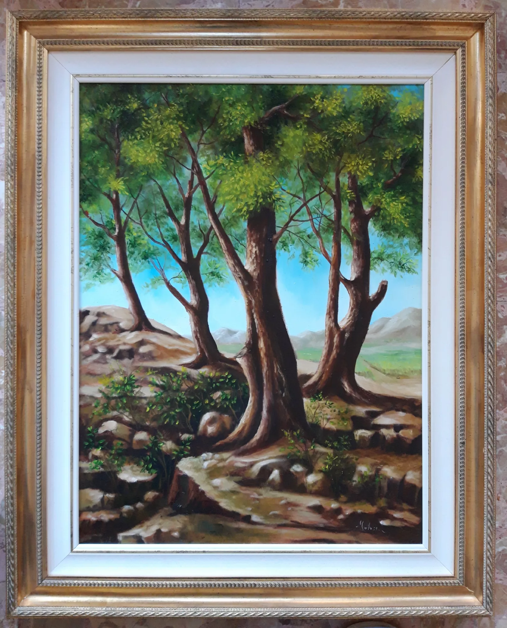 Landscape-with-ancient-trees-Aly-Mohsen "Painting by Aly Mohsen, executed in Oil on canvas (brush). The title is Landscape with ancient trees and it belongs to the category Landscapes. In Landscape with ancient trees, Aly Mohsen interprets a natural setting dominated by mature trees, deeply rooted in a luminous, rocky terrain. The robust trunks, carefully modeled in volume, rise toward dense green canopies that stand out against a clear sky, forming a balanced and stable composition marked by silence and harmony. The scene unfolds through a vertical structure articulated by the trees, guiding the viewer’s eye from the foreground toward the hilly landscape in the background. The uneven ground, rendered through chromatic and textural variations, suggests an authentic and time-worn environment, reinforcing a sense of permanence and solidity. Mohsen’s brushwork is fluid and controlled, sensitively capturing the modulation of light among the leaves, the shadows cast on the ground, and the spatial depth of the composition. The palette alternates warm earth tones with deep greens, creating a chromatic balance that conveys natural continuity and visual coherence. The artist’s landscape painting is characterized by the absence of superfluous narrative elements, allowing structure, light, and material presence to define the meaning of the work. The result is a contemplative image in which time appears suspended. The elegant, classical gilded frame enhances the painting and emphasizes its decorative quality, complementing the composition without overpowering it and lending the work a refined and balanced presence. Landscape with ancient trees fits fully within Aly Mohsen’s landscape production as a work of strong formal balance and expressive coherence, capable of conveying a deep sense of stability and connection with the natural world."