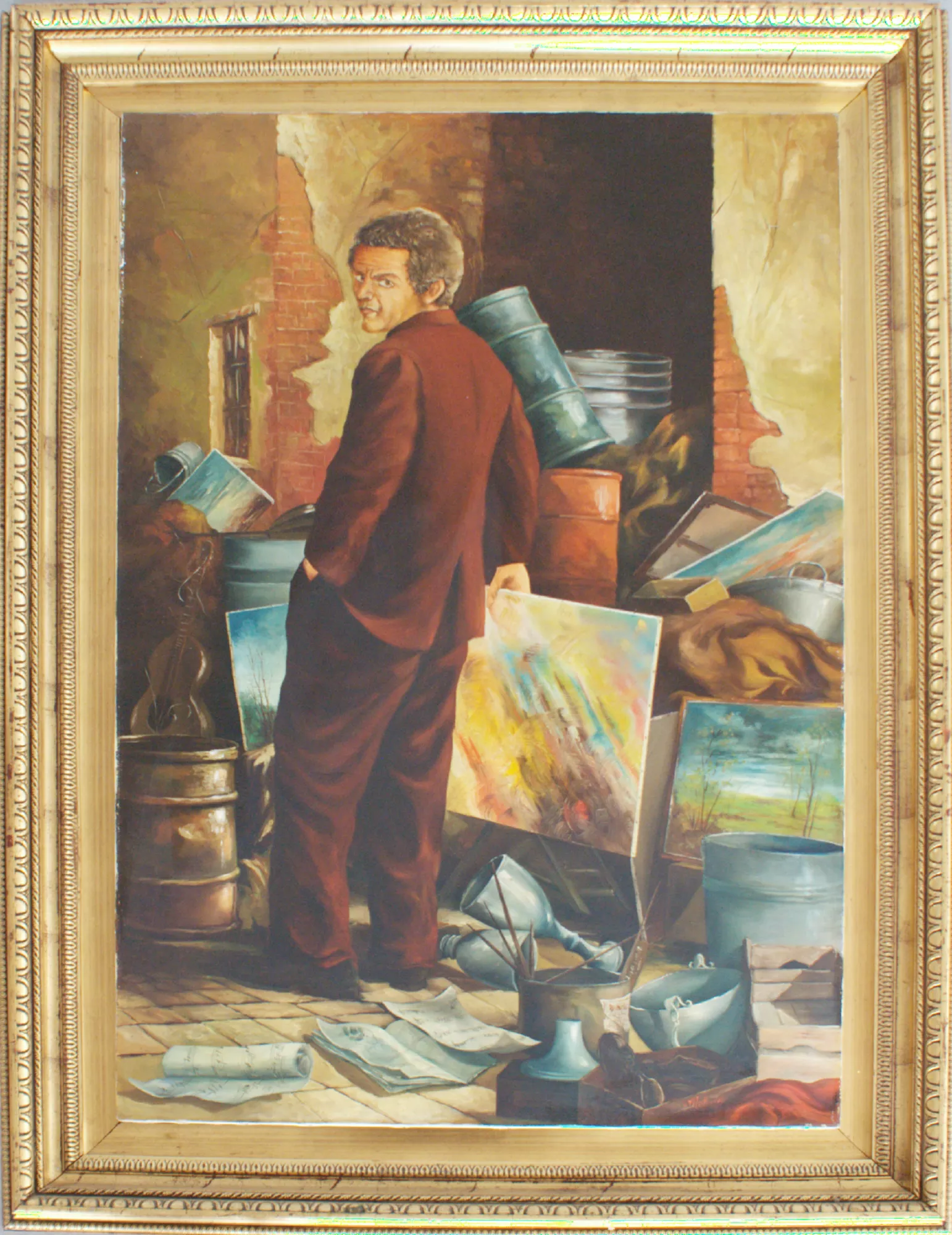 Il-sole-viene-dopo-Aly-Mohsen-eng "Painting by Aly Mohsen, executed in Oil on canvas (brush). The title is Il sole viene dopo and it belongs to the category Life and Art. In Il sole viene dopo, Aly Mohsen addresses one of the most profound and autobiographical themes of his artistic journey: the destiny of the artist and the absolute relationship of dependence between the artist and Art itself. The scene portrays a painter caught in a moment of inner crisis, standing among stacked canvases, discarded awards, and tools of the trade—an environment that bears witness to a long, demanding creative path not yet rewarded by the expected recognition. The central figure holds a canvas as if about to let it fall, yet the compositional balance suggests the opposite: it is not the artist who dominates the artwork, but the artwork that guides the artist. Mohsen overturns the romantic myth of the sovereign genius, asserting instead that art takes shape only when the artist fully places himself at its service, sacrificing personal ambition, public acclaim, and material success. The title encapsulates the core meaning of the painting: Il sole viene dopo — The sun comes after. True light, full understanding, and authentic glory do not belong to the lifetime of the artist, but emerge only beyond it. Awards and certificates are reduced to empty objects, while talent, sensitivity, and discipline remain silent instruments devoted to something greater and more enduring. From a technical perspective, the painting demonstrates Mohsen’s artistic maturity: chromatic balance, solid draftsmanship, and a symbolic narrative that merges realism with philosophical reflection. The result is an emblematic synthesis of his artistic vision, capable of resonating deeply with collectors attentive to conceptual depth and long-term cultural value. The sober and elegant gilded frame is an integral part of the work. It defines the narrative space and protects the canvas, underscoring the contrast between the intrinsic value of Art and the fragility of human recognition—an aspect that further enhances the painting’s intellectual weight and its appeal for serious collectors and art investors seeking works of lasting significance."