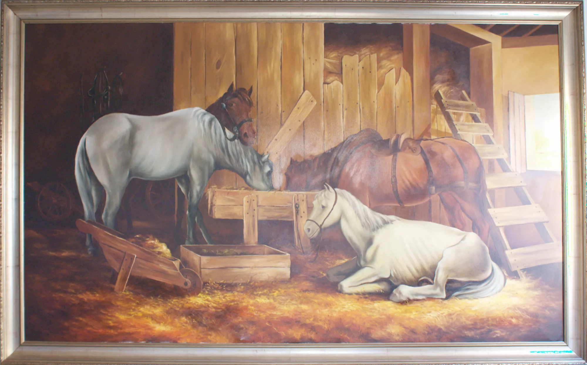 The-Three-Stages-of-Life-Aly-Mohsen "Painting by Aly Mohsen, executed in Oil on canvas (brush). The title is The Three Stages of Life and it belongs to the category Life and Art. In The Three Stages of Life, Aly Mohsen creates a powerful and solemn pictorial allegory of the human life cycle, using the horse as a universal symbol of strength, labor, and destiny. Monumental in scale (239 × 144 cm), this is the largest painting ever produced by the artist—an element that significantly amplifies its visual, narrative, and symbolic impact, making it one of the most ambitious and representative works of his career. The scene is set inside a barn, rendered with remarkable realism and refined sensitivity to light. A beam of natural light enters through a side window and spreads across the golden straw, creating a strong contrast between light and shadow. This luminous structure guides the viewer’s gaze and shapes the pictorial narrative with theatrical rhythm and deep emotional resonance. The four horses depicted embody the three stages of life. On the left, two young horses interact with energy and vitality, symbolizing youth and early carefree existence. At the center, a draft horse—exhausted and hungry after a long day of labor in the fields—represents adulthood, marked by duty, fatigue, and responsibility. In the foreground, a white horse, emaciated and now devoid of strength, lies on the ground, refusing food despite its presence. This silent and poignant image evokes old age, the final waiting, and surrender to time. The compositional structure relates the different physical conditions of the subjects through posture, spatial placement, and interaction with light. Chromatic variations, centered on warm and earthy tones, contribute to the unity of the image and to the clarity of its narrative progression. From a technical standpoint, the painting demonstrates controlled brushwork, alternating compact passages with softer transitions. The rendering of materials — wood, straw, animal coats, and natural light — relies on tonal variation and a measured handling of pictorial matter, supporting both formal clarity and visual continuity. The frame, characterized by light tones and a restrained finish, defines the boundary of the image and fulfills a visual containing function, accompanying the composition without interfering with its narrative and luminous structure."