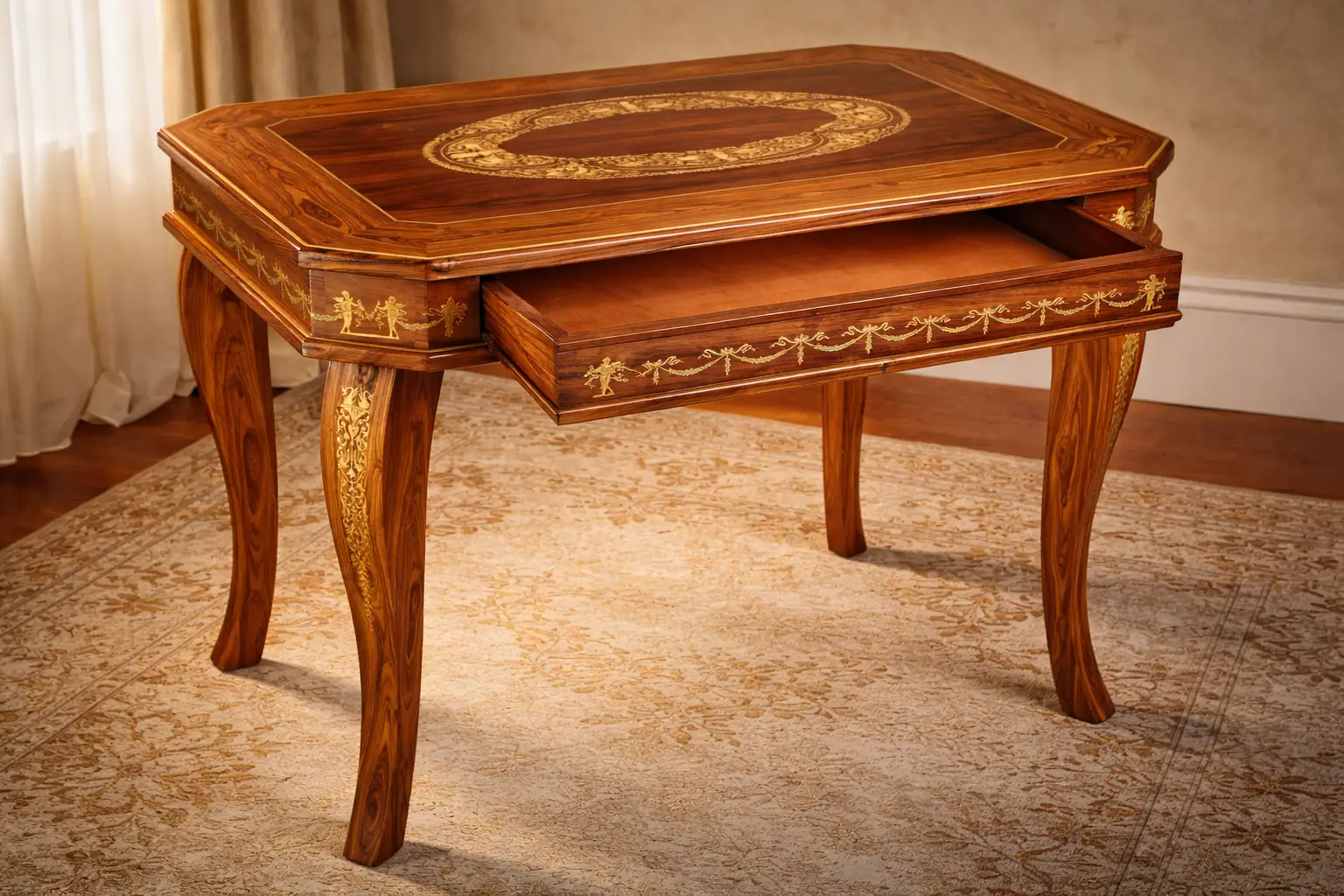 Scrivania-degli-angioletti-(Desk-of-the-Little-Angels-original-Italian-title)-Aly-Mohsen "Artwork by Aly Mohsen executed in the marquetry technique. The title is Scrivania degli angioletti (Desk of the Little Angels – original Italian title) and it belongs to the category Monumental Cabinetmaking. This unique work of artistic cabinetmaking belongs to the field of applied arts and reflects a synthesis of function and formal research within the production of Aly Mohsen. Conceived as an autonomous object, the desk is executed using traditional handcraft techniques of woodworking and marquetry, characterized by a restrained monumental presence. The structure is made of Italian walnut, selected for its structural stability and chromatic depth, combined with rosewood in warmer, reddish-brown tones used to define the main surfaces and volumes. The octagonal tabletop features a central white maple inlay, entirely hand-crafted, arranged in a classically inspired ornamental pattern and framed by a perimeter border that visually organizes the surface. The side panels and sculpted legs are further enriched with white maple inlays depicting allegorical figures and floral motifs developed in a rhythmic sequence. Ornamentation is integrated into the structure rather than applied to it, reinforcing the coherence between architectural form and decorative language. The careful combination of wood species creates a controlled chromatic balance, while the restrained finish is intended to enhance the natural grain of the materials and the precision of the marquetry, avoiding any surface emphasis. The desk is conceived as a functional work of art, suitable for representative interiors, exhibition spaces, or environments dedicated to the applied arts, and stands as a testimony to a cabinetmaking practice grounded in manual craftsmanship, unified design, and continuity with the European historical tradition."