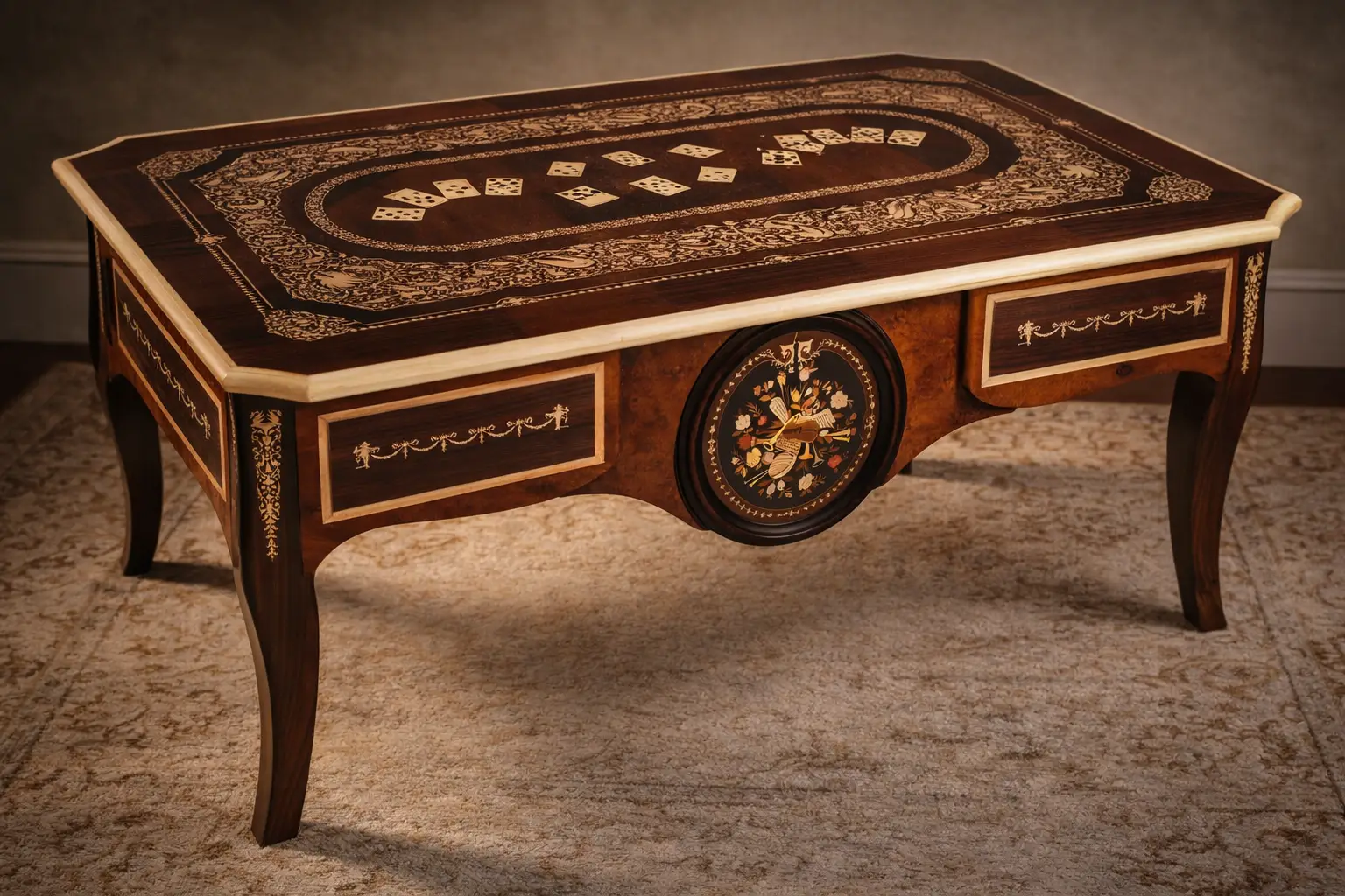Scrivania-del-poker-e-le-tre-carte-hero-Aly-Mohsen "Opera di Ay Mohsen realizzata con la tecnica dell'intarsio. Il titolo è Scrivania del poker e le tre carte e rientra nella categoria Ebanisteria Monumentale. Questa imponente scrivania monumentale rappresenta una delle opere più concettualmente audaci, raffinate e politicamente consapevoli di Aly Mohsen. In essa, la grande tradizione dell’ebanisteria artistica europea viene trasformata in strumento narrativo, simbolico e apertamente critico, dando vita a un’opera che trascende la funzione d’arredo per assumere la forma di messaggio cifrato e denuncia silenziosa. Non si tratta di un semplice mobile funzionale, ma di una vera opera d’arte tridimensionale, concepita per dialogare con il potere, smascherarne i meccanismi e mettere in crisi le apparenze di legalità e correttezza. Struttura e materiali La scrivania è caratterizzata da una struttura solida ma visivamente equilibrata, con gambe sagomate e slanciate che alleggeriscono la massa monumentale del piano. L’opera è realizzata con una selezione estremamente ricercata di legni pregiati, scelti non solo per le qualità estetiche ma anche per il loro valore simbolico: Noce nazionale e noce canaletto per la struttura principale e le superfici estese, apprezzati per la profondità cromatica e la stabilità nel tempo Radica di noce per i pannelli frontali, impiegata per ottenere superfici vibranti e irregolari, metafora visiva dell’instabilità e dell’inganno Ebano ed essenze scure tinte per i fondi degli intarsi, funzionali a rafforzare il contrasto grafico Acero e acero sicomoro per gli intarsi chiari Legni naturalmente colorati (padouk, acero, mogano, rovere, radica di noce, ebano verde ed ebano nero) per la resa cromatica delle figure e delle carte da gioco Il bordo chiaro e continuo del piano richiama deliberatamente la tradizione dei grandi tavoli da gioco, incorniciando la scena e convogliando lo sguardo verso il centro narrativo. Il piano: il gioco come metafora del potere Il piano superiore costituisce il cuore concettuale dell’opera. All’interno di una ricchissima cornice ornamentale intarsiata si sviluppa una sequenza di carte da poker disposte con apparente casualità. A una prima lettura, l’immagine suggerisce una partita in corso. A uno sguardo più attento, emerge però un elemento perturbante: le combinazioni non conducono a nessun esito logico. Le mani sono incoerenti, impossibili, volutamente manipolate. Questa ambiguità è intenzionale. Il poker, simbolo di strategia, calcolo e rischio controllato, viene qui messo in relazione con il gioco delle tre carte, archetipo universale della truffa. Il messaggio è sottile ma inequivocabile: chi crede di giocare secondo regole condivise è già vittima di un inganno. Il fronte: musica, scena e finzione Il fronte della scrivania è dominato da un grande medaglione circolare intarsiato, nel quale compaiono strumenti musicali, spartiti, carte da gioco e motivi floreali. La musica diventa metafora della messa in scena del potere: un concerto apparentemente armonioso che nasconde dissonanze profonde, una composizione elegante pensata per distrarre, sedurre e confondere. Le fasce laterali, ornate con ghirlande classiche e figure stilizzate, richiamano consapevolmente il linguaggio neoclassico e ottocentesco, rafforzando l’idea di ordine, autorità e rispettabilità — un ordine solo apparente. Storia dell’opera e valore simbolico La scrivania fu commissionata da un importante uomo d’affari egiziano, figura di enorme peso economico internazionale. Aly Mohsen, che conosceva il committente fin dall’infanzia, aveva fondati motivi per ritenere che questi operasse in realtà come prestanome per i servizi segreti statunitensi, coinvolto in operazioni economiche e finanziarie condotte in Italia. Al momento della consegna, Mohsen si recò personalmente nell’ufficio del committente e ne spiegò il significato con parole che rivelano la natura profonda dell’opera: «Questa scrivania serve per avvisare chi si siede di fronte a te: lui pensa di giocare a poker, mentre tu stai giocando al gioco delle tre carte.» Un’accusa di straordinaria eleganza, affidata non al linguaggio diretto ma alla forza simbolica dell’intarsio. Il committente, comprendendo perfettamente il messaggio, si sentì apertamente insultato e rifiutò l’opera. La scrivania rimase così nelle mani dell’artista. Rimasta nella disponibilità dell’artista, la Scrivania del Poker e del Gioco delle Tre Carte possiede oggi un valore ulteriormente accresciuto. È un pezzo unico, documentato, con una storia forte, verificabile e di straordinaria attrattiva per il collezionismo internazionale. L’opera unisce: alta ebanisteria artistica contenuto politico e narrativo qualità museale dimensioni monumentali provenienza diretta dall’artista Per collezionisti evoluti e investitori in mobili d’arte, arti decorative e opere concettuali, questa scrivania rappresenta un caso raro di arredo che diventa linguaggio critico, capace di dialogare con design, scultura e arte contemporanea, e destinato a una progressiva valorizzazione culturale e patrimoniale. In Aly Mohsen, il legno non è mai solo materia: diventa linguaggio, accusa, ironia e memoria. E questa scrivania ne è una delle dichiarazioni più lucide e implacabili."