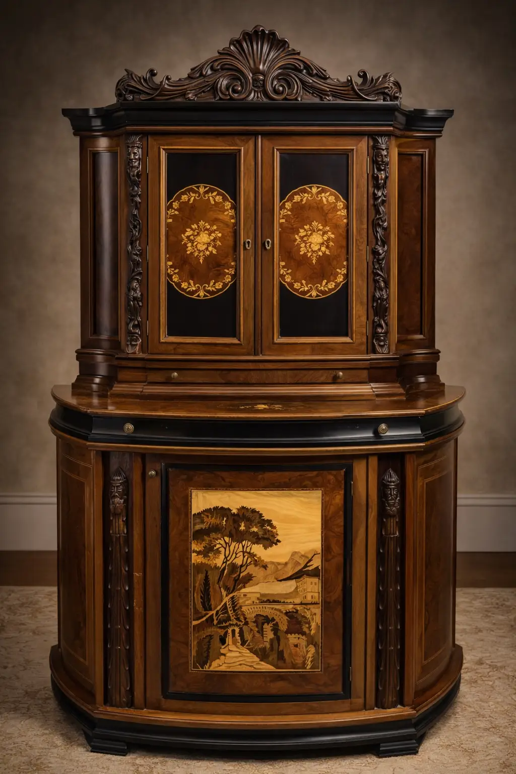 Credenza-del-ponte-vecchio (Inlaid-artistic-cabinet-depicting-the-Ponte-Vecchio-of-Ivrea)-Aly-Mohsen "Artwork by Aly Mohsen executed in the marquetry technique. The title is Mobile del ponte vecchio (Inlaid artistic cabinet depicting the Ponte Vecchio of Ivrea) and it belongs to the category Monumental Cabinetmaking. The Credenza del Ponte Vecchio di Ivrea is an inlaid and carved artistic cabinet conceived as a unique work of high-level cabinetmaking, in which figurative tradition, authorial woodworking, and landscape reference of an identity-based nature converge. The piece presents itself as a complex three-dimensional artifact, where architectural structure, sculptural decoration, and marquetry are integrated into a coherent and unified whole. The structure is made of solid mahogany and walnut burl, used for the load-bearing elements and the main surfaces, with an alternation of compact areas and irregular grain patterns that articulate the overall volume. The sides feature hand-carved walnut sculptural elements, depicting stylized figures integrated vertically into the uprights. These carvings reinforce the cabinet’s plastic and monumental character and recall the European tradition of figurative wood carving. The upper edge and the drawer are executed in ebony, introducing a clear chromatic contrast with the warmer tones of the main structure. The upper doors are set against dark ebony grounds and enriched with polychrome floral inlays made of maple, walnut, green ebony, and cherry wood. These inlays are arranged in symmetrical compositions that establish a balance between decorative articulation and geometric order. The central element of the work is the large inlaid panel located in the lower section of the cabinet, depicting a view of the Ponte Vecchio of Ivrea. The landscape scene is constructed through a complex combination of wood species, including maple, walnut burl, light and dark walnut, and green ebony, employed to achieve tonal variation, spatial depth, and a controlled sense of light. The panel is enclosed within a rosewood frame that defines its perimeter and visually separates the image from the surrounding structure. The interior of the cabinet is fully finished and decorated, with panels featuring floral marquetry and surfaces enriched by radial geometric patterns and angular fields created through the juxtaposition of different wood species. The interior decorations are conceived as an integral part of the work and remain fully visible thanks to the presence of a glass shelf, which allows continuous visual access to the inlays when the cabinet is open. The cabinet is completed by a continuous structural framing that follows the upper and lower profiles of the piece, executed in a dark-toned wood with a uniform finish. This framing serves to visually contain the overall volume and to connect the various wooden surfaces into a coherent and unified composition."