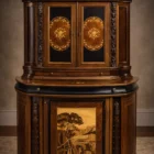 "Opera di Ay Mohsen realizzata con la tecnica dell'intarsio. Il titolo è Credenza del ponte vecchio e rientra nella categoria Ebanisteria Monumentale. La Credenza del Ponte Vecchio di Ivrea è un mobile artistico intarsiato e scolpito concepito come opera unica di alta ebanisteria, nel quale confluiscono tradizione figurativa, lavorazione lignea d’autore e riferimento paesaggistico di carattere identitario. L’opera si configura come un manufatto tridimensionale complesso, in cui struttura architettonica, decorazione plastica e apparato intarsiato concorrono alla definizione di un insieme unitario. La struttura è realizzata in mogano massello e radica di noce, utilizzati per le parti portanti e per le superfici principali, con un’alternanza di campiture compatte e venature irregolari che articolano il volume complessivo. Le fiancate presentano elementi scultorei in noce, interamente scolpiti a mano, raffiguranti figure stilizzate integrate verticalmente nei montanti, che accentuano il carattere plastico e monumentale del mobile e richiamano la tradizione europea dell’intaglio figurativo. Il bordo superiore e il cassetto sono realizzati in ebano, introducendo un contrasto cromatico netto con le essenze più calde della struttura. Le ante superiori presentano fondi scuri in ebano sui quali si sviluppano intarsi floreali policromi, eseguiti in acero, noce, ebano verde e ciliegio, organizzati in composizioni simmetriche che definiscono un equilibrio tra decorazione e ordine geometrico. Elemento centrale dell’opera è il grande pannello intarsiato posto nella parte inferiore del mobile, raffigurante una veduta del Ponte Vecchio di Ivrea. La scena paesaggistica è costruita mediante una complessa combinazione di essenze lignee, tra cui acero, radica di noce, noce chiaro e scuro ed ebano verde, utilizzate per ottenere variazioni tonali, profondità spaziale e articolazione luministica. Il riquadro è delimitato da una cornice in legno di rose che ne definisce il perimetro e ne isola visivamente l’immagine dal resto della struttura. L’interno del mobile è completamente rifinito e decorato, con pannelli intarsiati a motivi floreali e superfici arricchite da disegni geometrici a raggiera e campiture angolari ottenute mediante l’accostamento di diverse essenze lignee. Le decorazioni interne sono concepite come parte integrante dell’opera e risultano pienamente visibili grazie alla presenza di un ripiano in vetro, che consente la lettura continua degli intarsi anche a mobile aperto. La credenza si conclude con una cornice strutturale continua che accompagna i profili superiori e inferiori del mobile, realizzata in essenza scura con finitura uniforme, avente la funzione di contenere visivamente il volume complessivo e di raccordare le diverse superfici lignee in un insieme coerente e unitario."