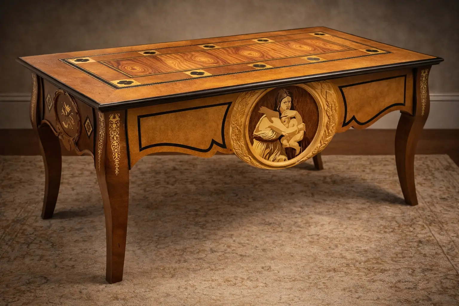 Scrivania-dei-fiori-neri (Desk-of-the-Black-Flowers-original-Italian-title)-Aly-Mohsen "Artwork by Aly Mohsen executed in the marquetry technique. The title is Scrivania dei fiori neri (Desk of the Black Flowers – original Italian title) and it belongs to the category Monumental Cabinetmaking. An artistic cabinetmaking desk conceived as a unique work in which functional use is integrated with an articulated decorative system of figurative character. The piece is situated within the field of contemporary authorial cabinetmaking, employing a formal language consistent with the historical tradition of wooden marquetry and hand-crafted woodworking. The tabletop is made of rosewood, with a central section in walnut burl arranged in mirrored grain along a longitudinal axis that organizes the entire composition. This central field is enclosed by a frame in walnut and white maple, within which geometric inlays in ebony, maple, and walnut are inserted. These elements are distributed in a regular manner and serve to define the visual space. The surface displays a chromatic range dominated by warm, brown tonalities, articulated through contrasts between light and dark woods. Dark-toned floral inlays are present on the tabletop, executed in ebony, maple, and padauk and arranged symmetrically along the perimeter. These elements introduce a marked chromatic contrast and contribute to the rhythmic articulation of the composition. The perimeter edge of the tabletop, executed in ebony, clearly defines the profile of the desk and reinforces its architectural reading. The legs, made of burl wood and shaped with a tapered profile, are decorated with linear white maple inlays that visually lighten their volume while maintaining formal continuity with the tabletop and side panels. The short sides feature diamond-shaped inlays with stylized floral motifs, while at the center of one of the long sides a figurative inlay depicting musical instruments is placed, composed through the juxtaposition of ebony, maple, and walnut. This inlay is enclosed by a hand-carved pearwood frame that separates the image from the structural field of the furniture. The opposite side features a figurative inlay depicting a female figure protecting a child, realized through layered woods of varying tonalities, with chiaroscuro effects achieved exclusively through chromatic variation of the materials. The composition is frontal and focused on the figures, which are set within a carved pearwood frame serving both to contain the image and to define the visual space of the figurative field. The structure includes five drawers aligned along the long side, integrated into the lower band without formal interruption, contributing to the horizontal articulation of the overall form. Light interacts with the polished surfaces and the different wood species, enhancing the depth of the grain and the legibility of the inlays, confirming the desk as a work in which cabinetmaking, figurative marquetry, and compositional organization converge into a single coherent object."